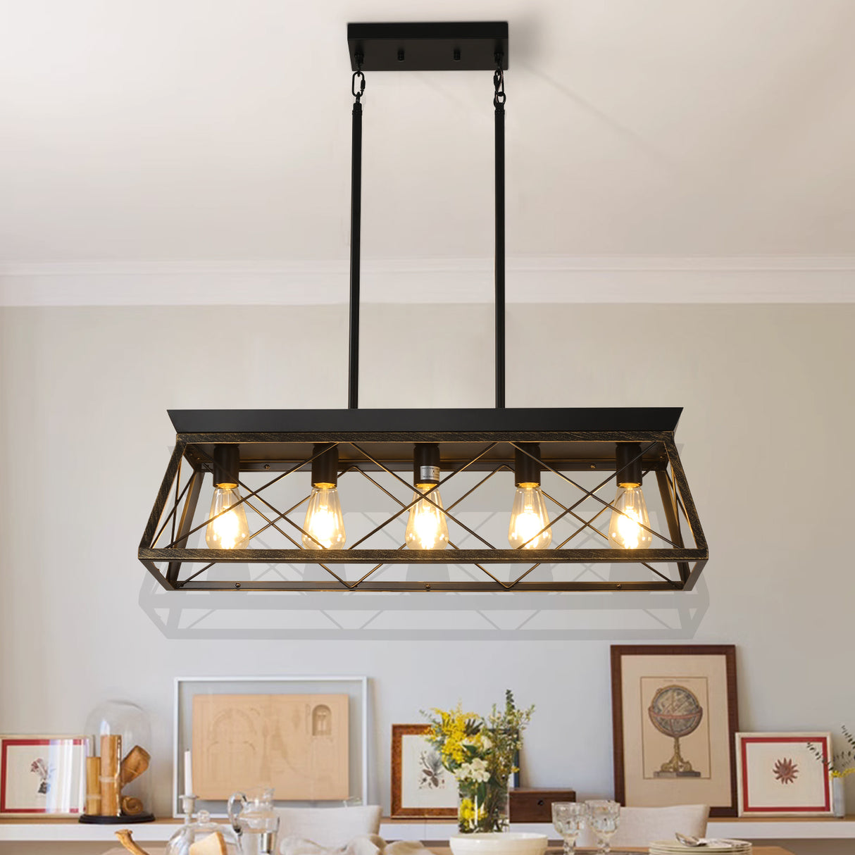 5-Light Farmhouse Chandeliers for Dining Room Metal Rustic Pendant Island Light Modern Rectangular Island Lights (No Bulbs)