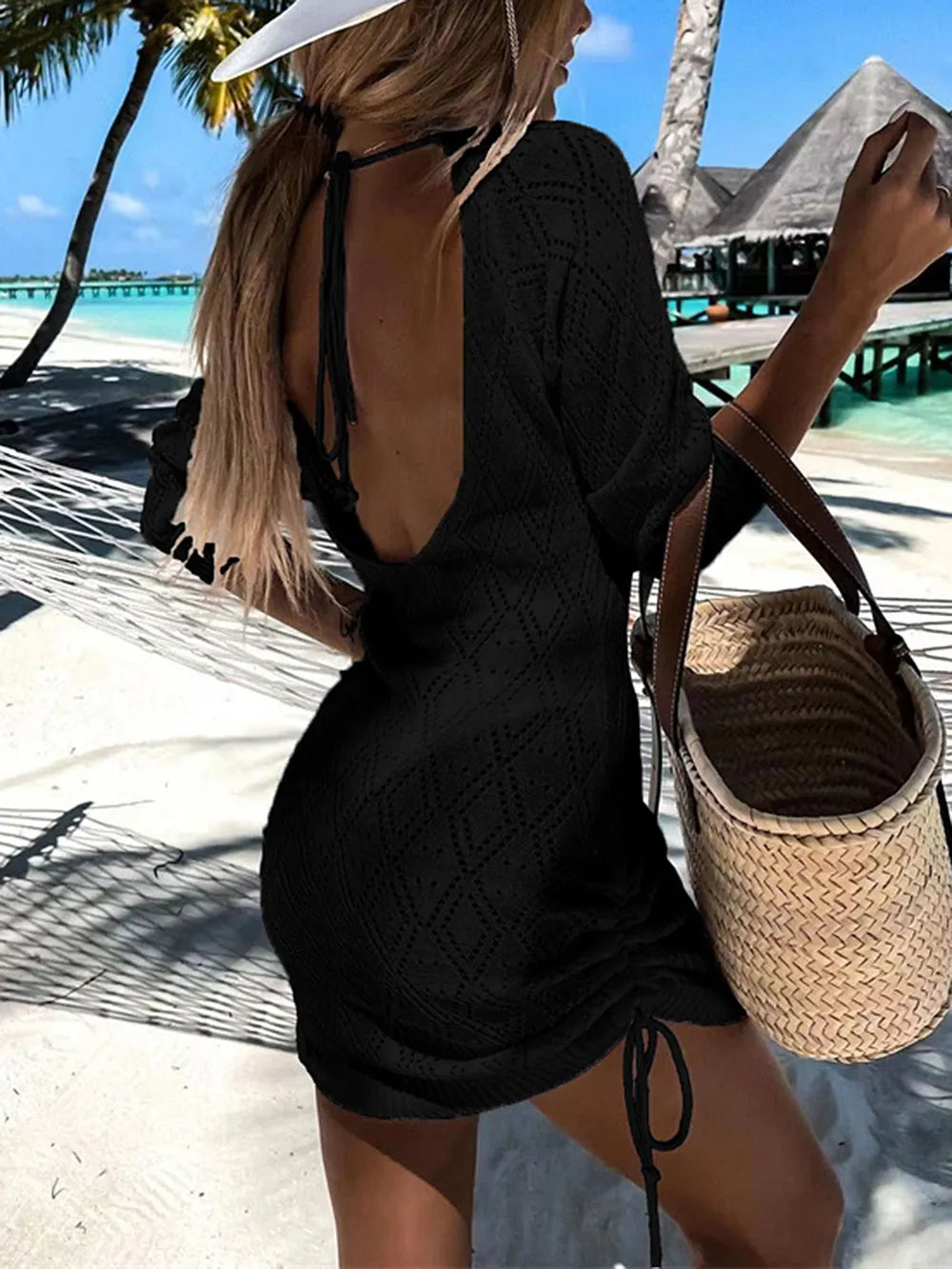 Backless Openwork Drawstring Round Neck Cover Up - V.I.P Digital Presence
