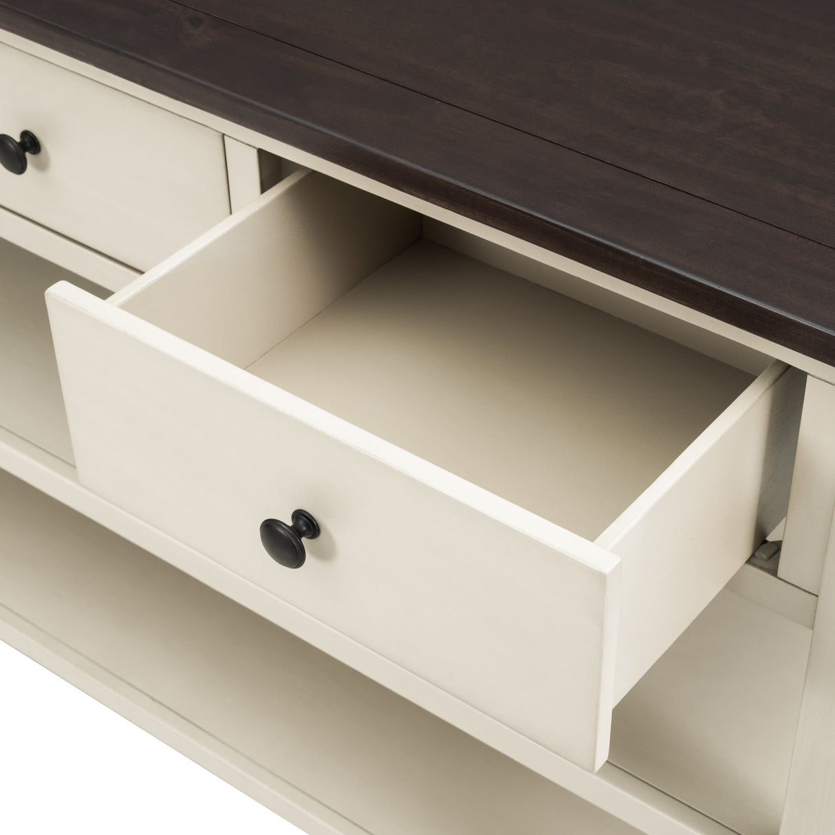 Retro Design Console Table with Two Open Shelves, Pine Solid Wood Frame and Legs for Living Room (Espresso+Beige) - V.I.P Digital Presence