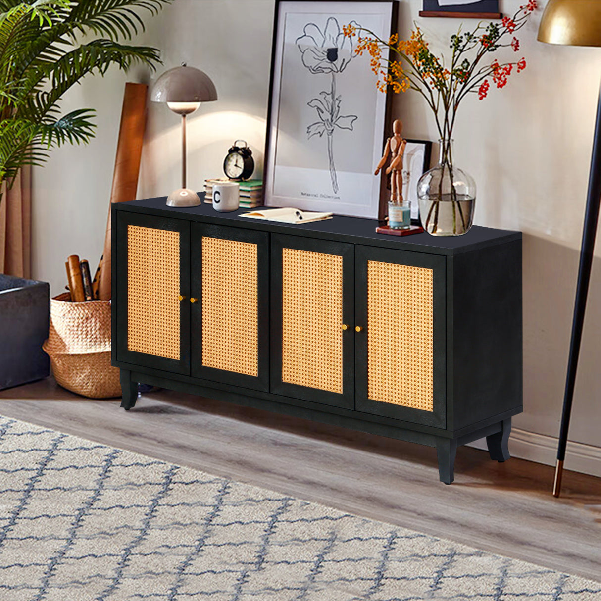 Handcrafted Premium Grain Panels Rattan Sideboard Buffer Cabinet Accent Storage Cabinet With 4 Rattan Doors BLACK - V.I.P Digital Presence