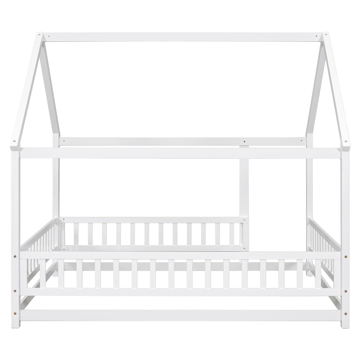 Full Size Floor Wooden Bed with House Roof Frame, Fence Guardrails ,White - V.I.P Digital Presence