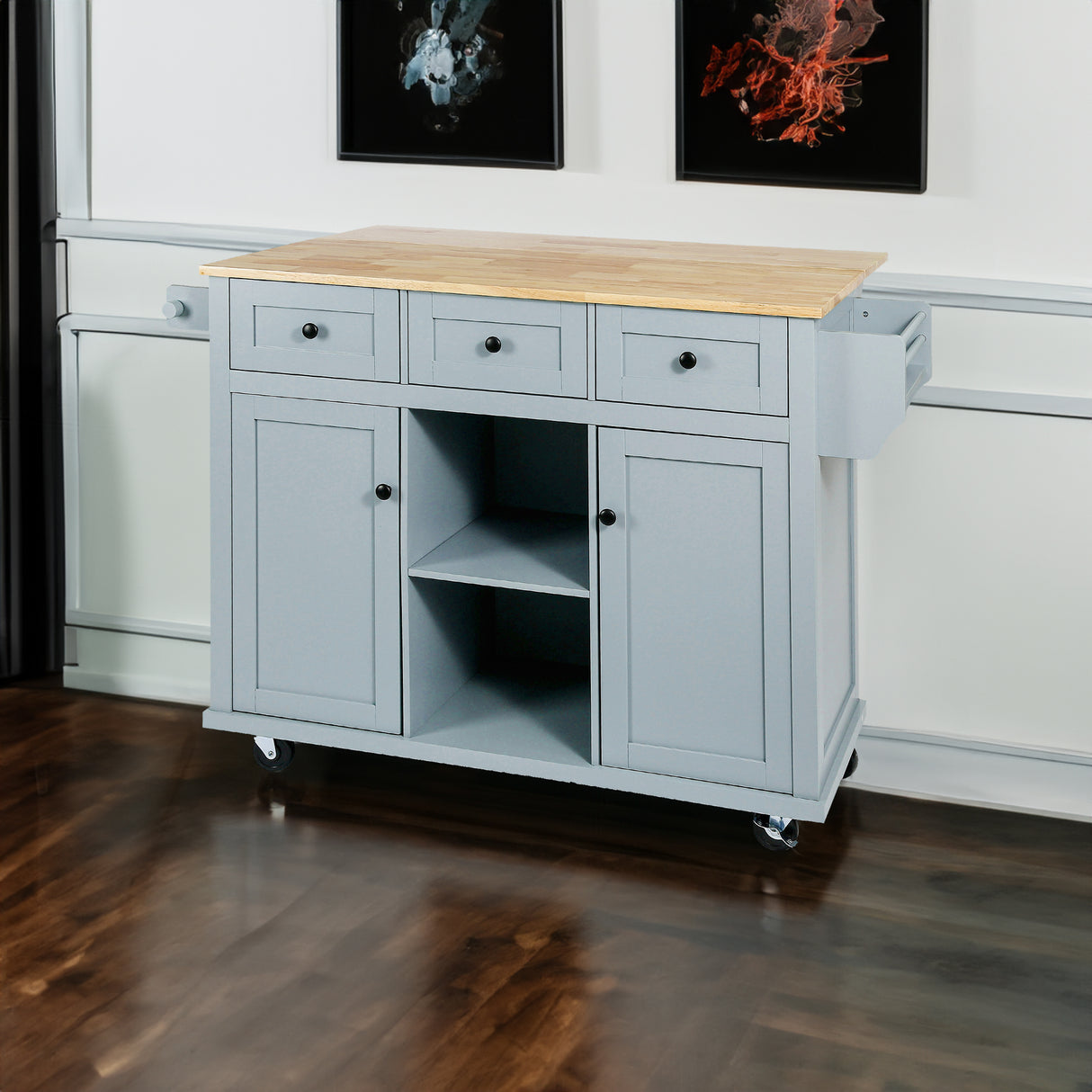 Kitchen handcart with rubber wood leaf countertop, storage cabinet, shelf, and 3 dining room drawers, gray blue - V.I.P Digital Presence
