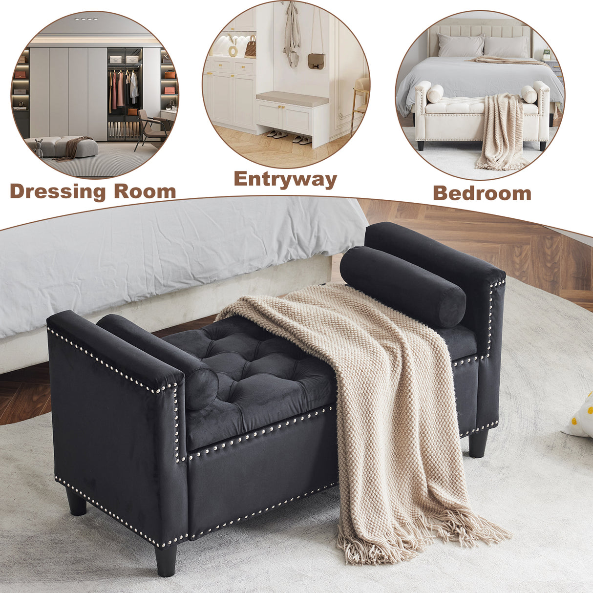 Storage Bench, 44.5-Inch Queen Velvet Button Bedside Bench, Entryway Living Room with Armrests, Nailhead Trim Black - V.I.P Digital Presence