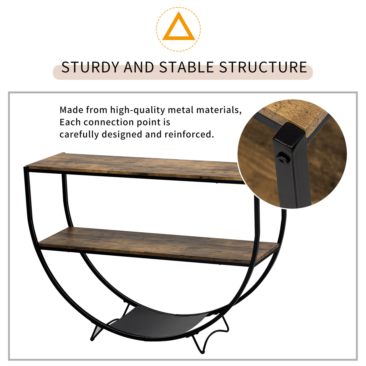 TREXM Rustic Industrial Design Demilune Shape Textured Metal Distressed Wood Console Table (Distressed Brown) - V.I.P Digital Presence
