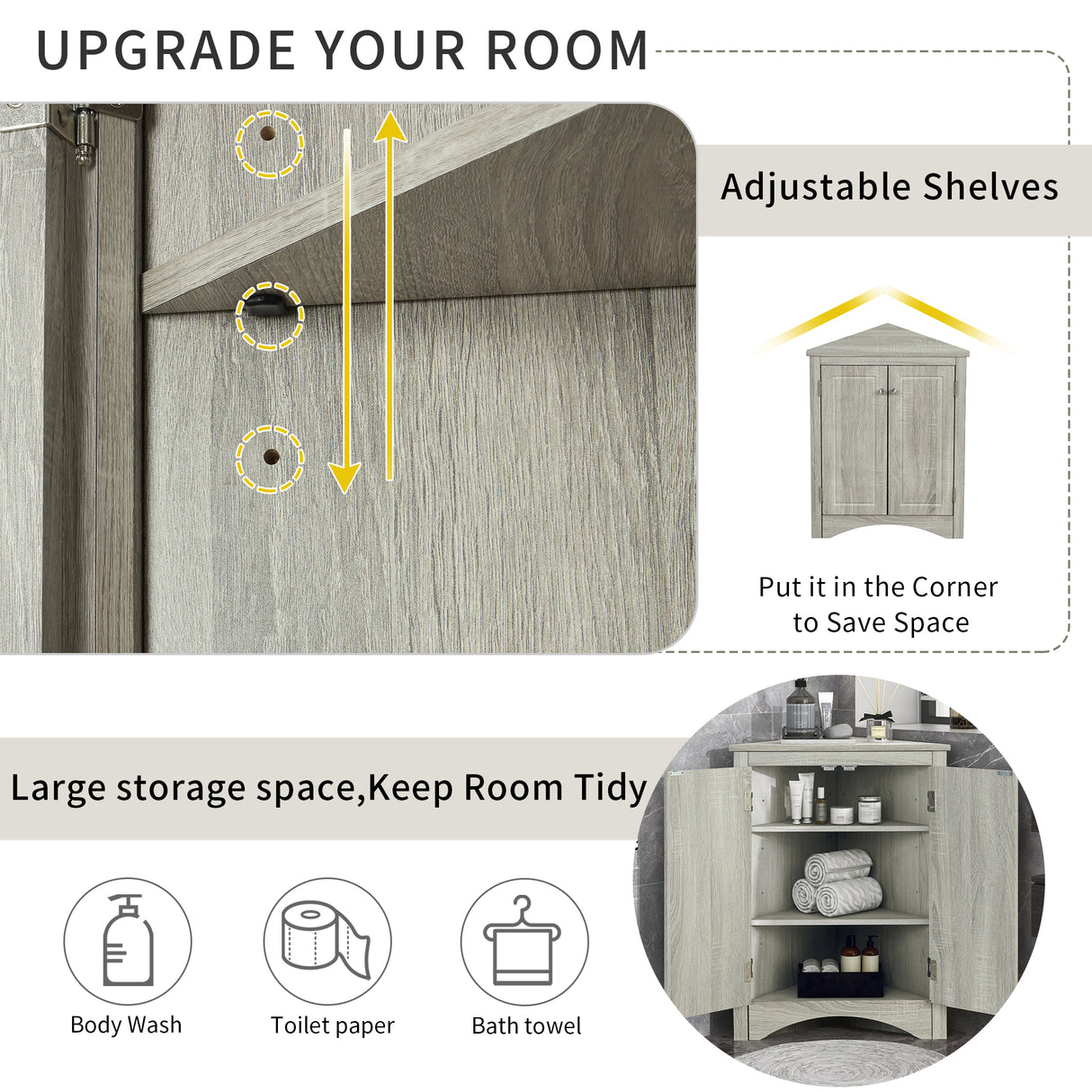 Oak Triangle Bathroom Storage Cabinet with Adjustable Shelves, Freestanding Floor Cabinet for Home Kitchen - V.I.P Digital Presence