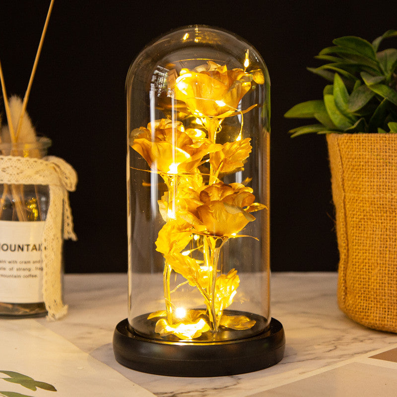 Valentine's Mother's Day Gift: Three Glass Cover Gold Foil Roses Ornament, Eternal Flower LED Night Light - V.I.P Digital Presence