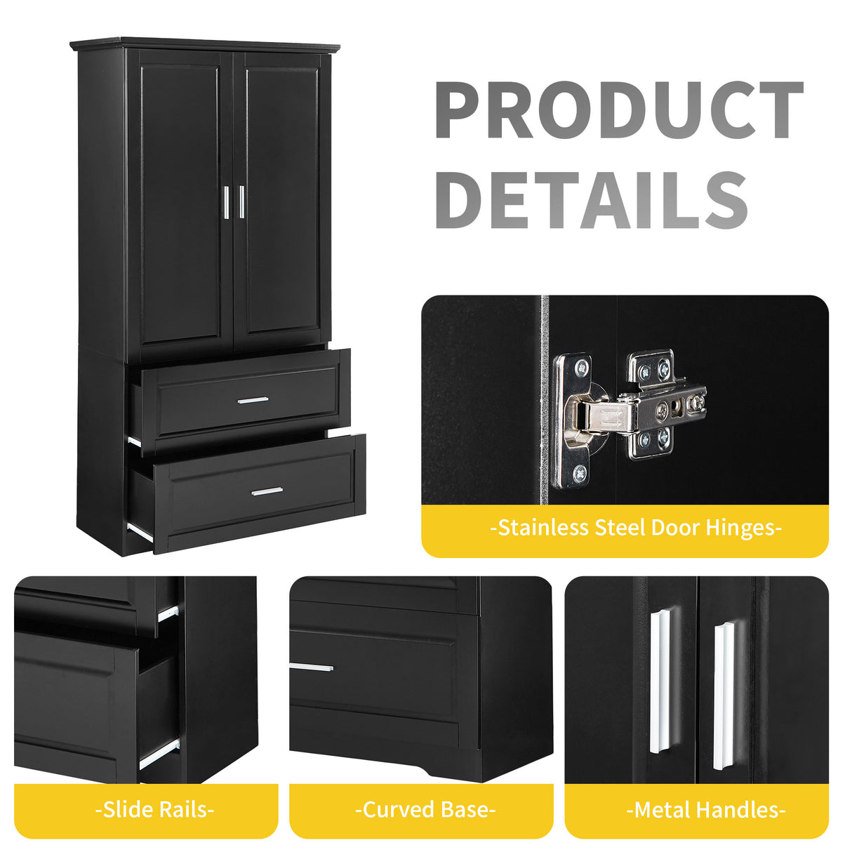 Tall Bathroom Storage Cabinet, Cabinet with Two Doors and Drawers, Adjustable Shelf, MDF Board, Black - V.I.P Digital Presence