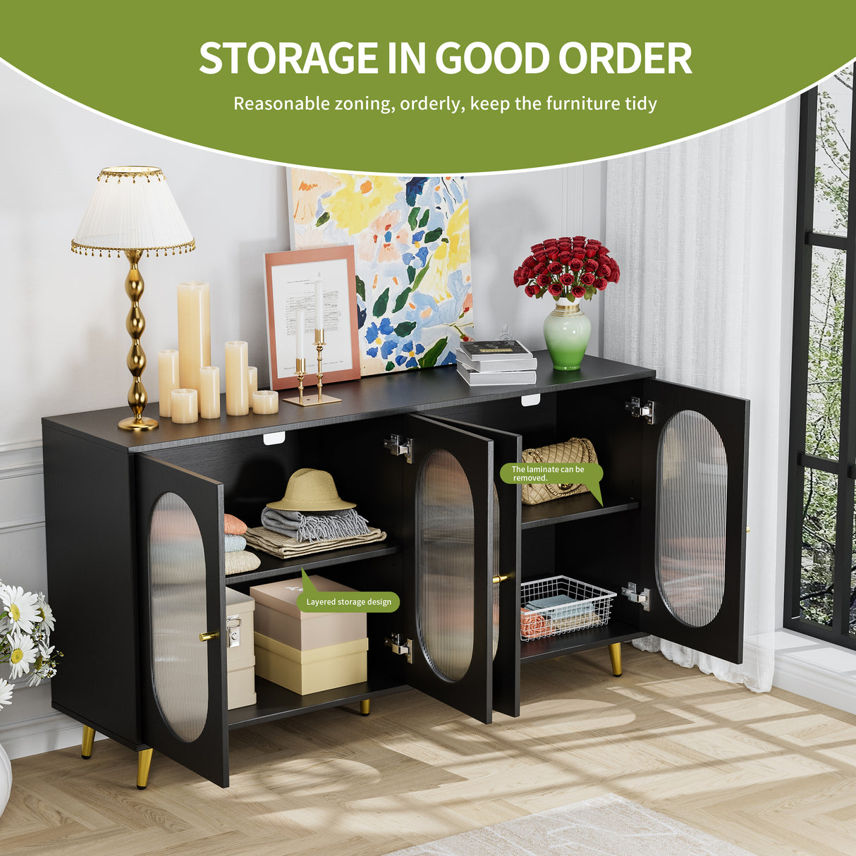 Modern Accent Sideboard Cabinet with Acrylic Doors, Freestanding Storage Cupboard Console Table for Kitchen Dining Black - V.I.P Digital Presence