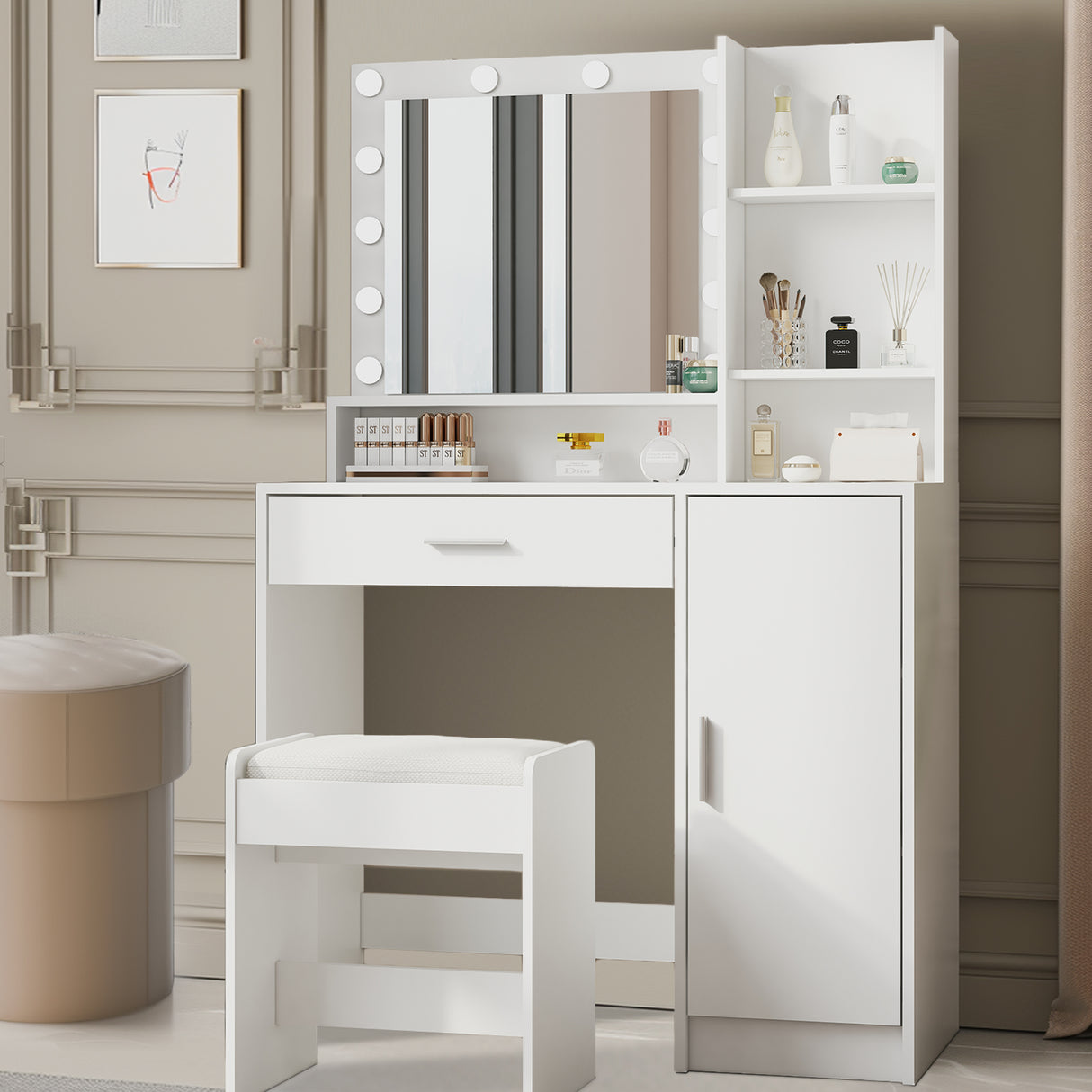 Large drawer with mirror and light, three-layer storage vanity, adjustable brightness for 3 lighting modes (white with stool) - V.I.P Digital Presence
