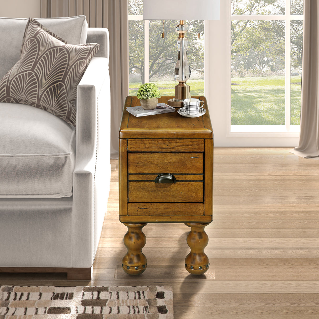 Solid wood end table, rectangular 23.6 inch narrow edge table with drawers, vintage bedside table, Antique Brown - V.I.P Digital Presence