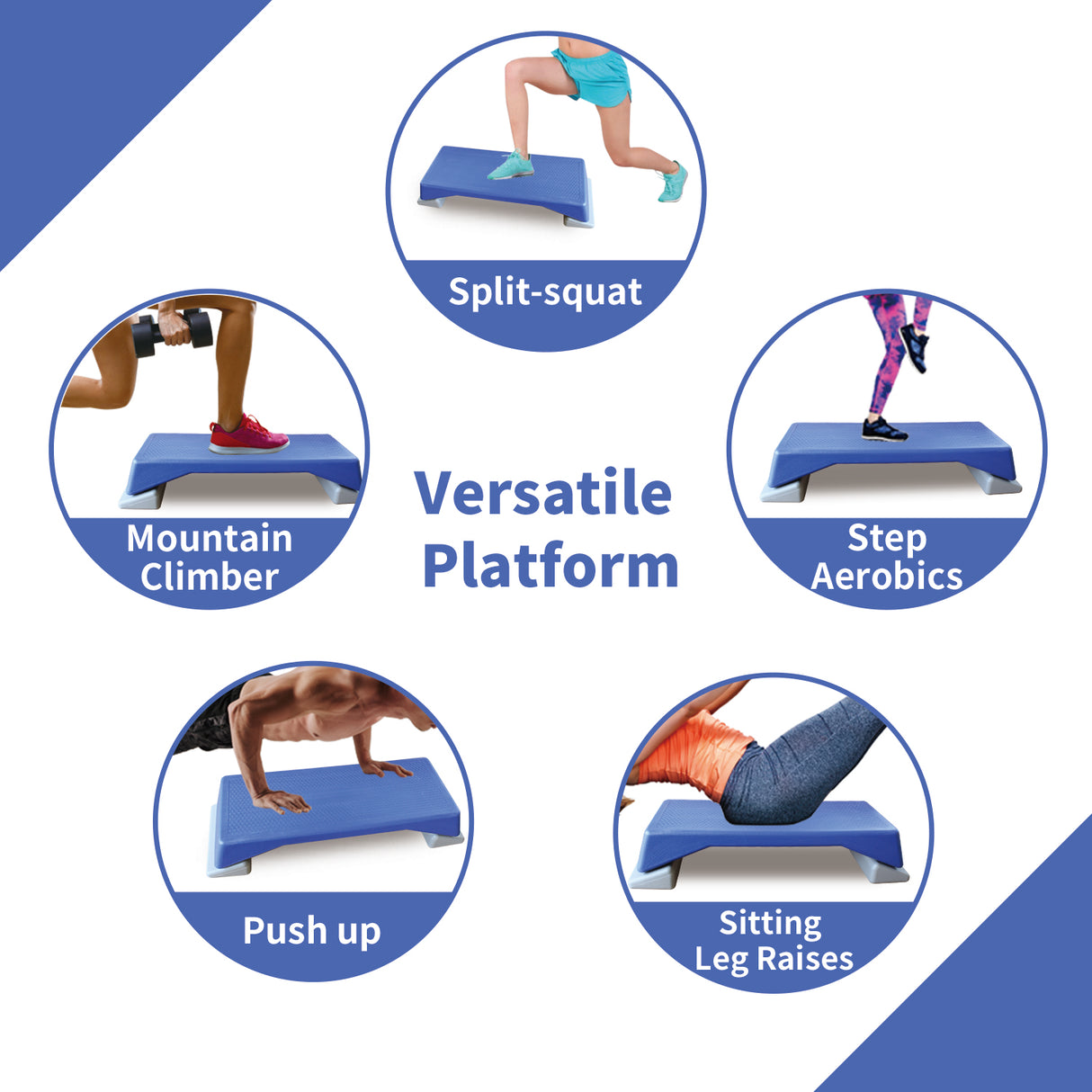 Plataforma de paso para aeróbicos, equipo de fitness de altura ajustable, plataforma de paso para ejercicios, plataforma de paso deslizante con almohadilla de elevación, color azul