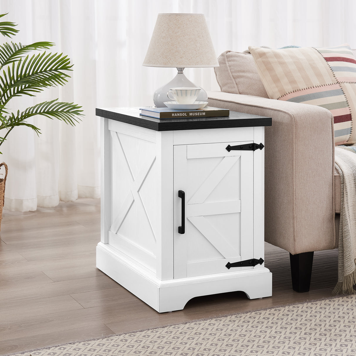 Farmhouse tea table bedside table rectangular farmhouse tea table with barn door and adjustable storage rack, white - V.I.P Digital Presence