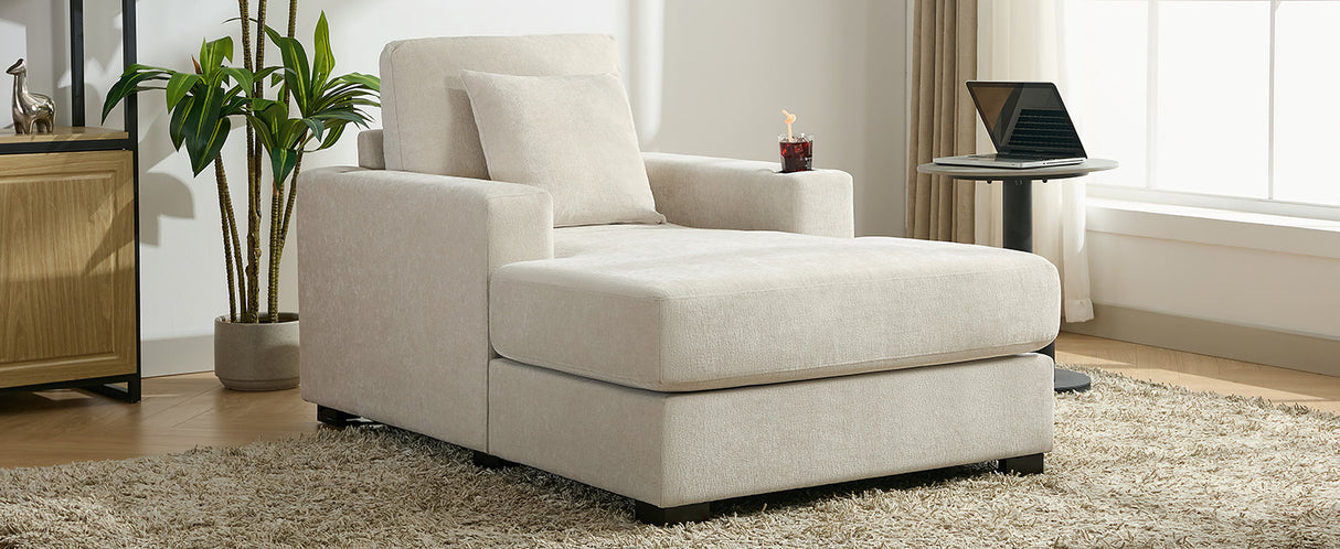 39.7" Oversized Chaise Lounger Modern Style Sofa Couch ,with Pillows, Charge Station & Cup Holders, Chenille Fabric, Cream - V.I.P Digital Presence