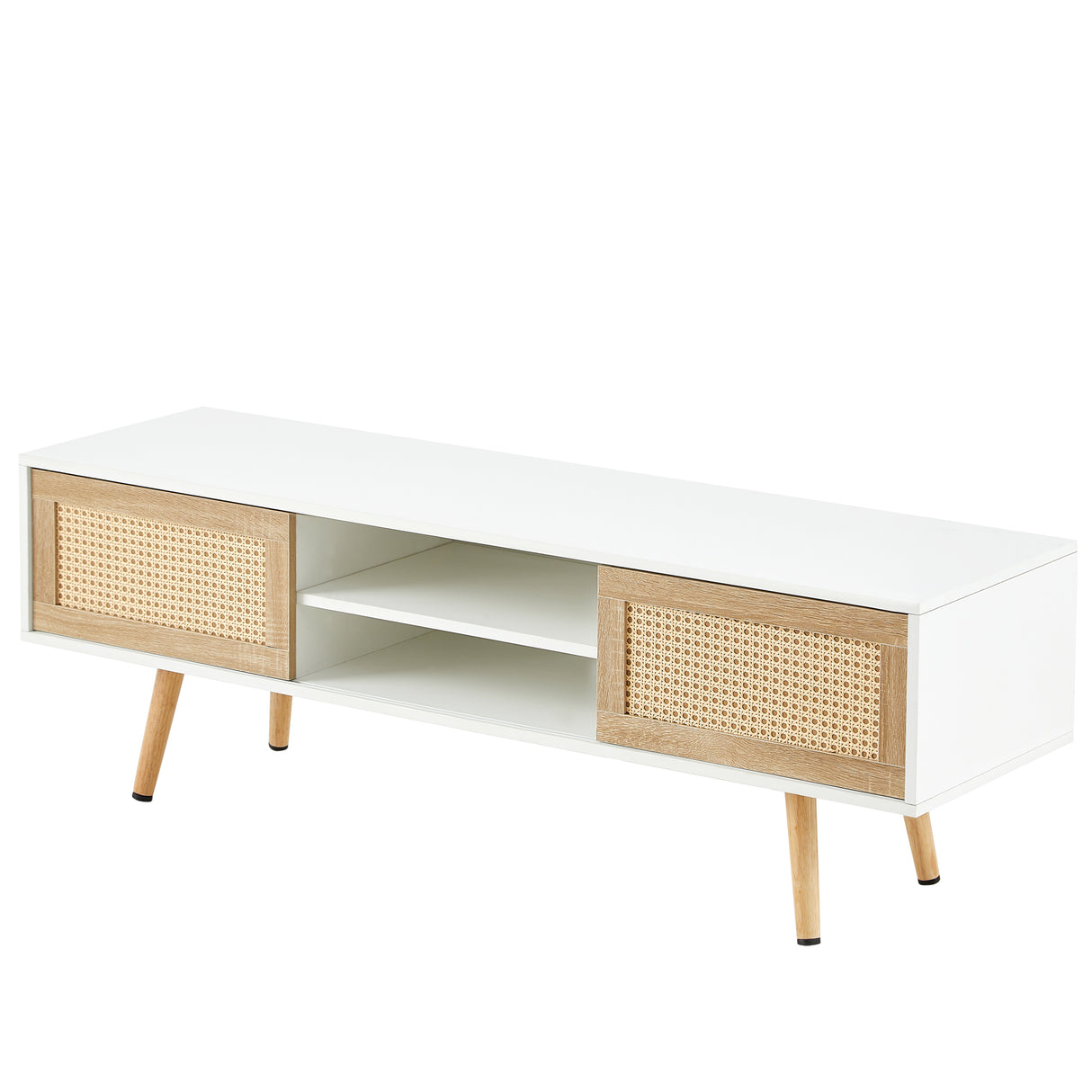 55.12" Rattan TV cabinet double sliding doors for storage adjustable shelf solid wood legs TV console for living room White - V.I.P Digital Presence