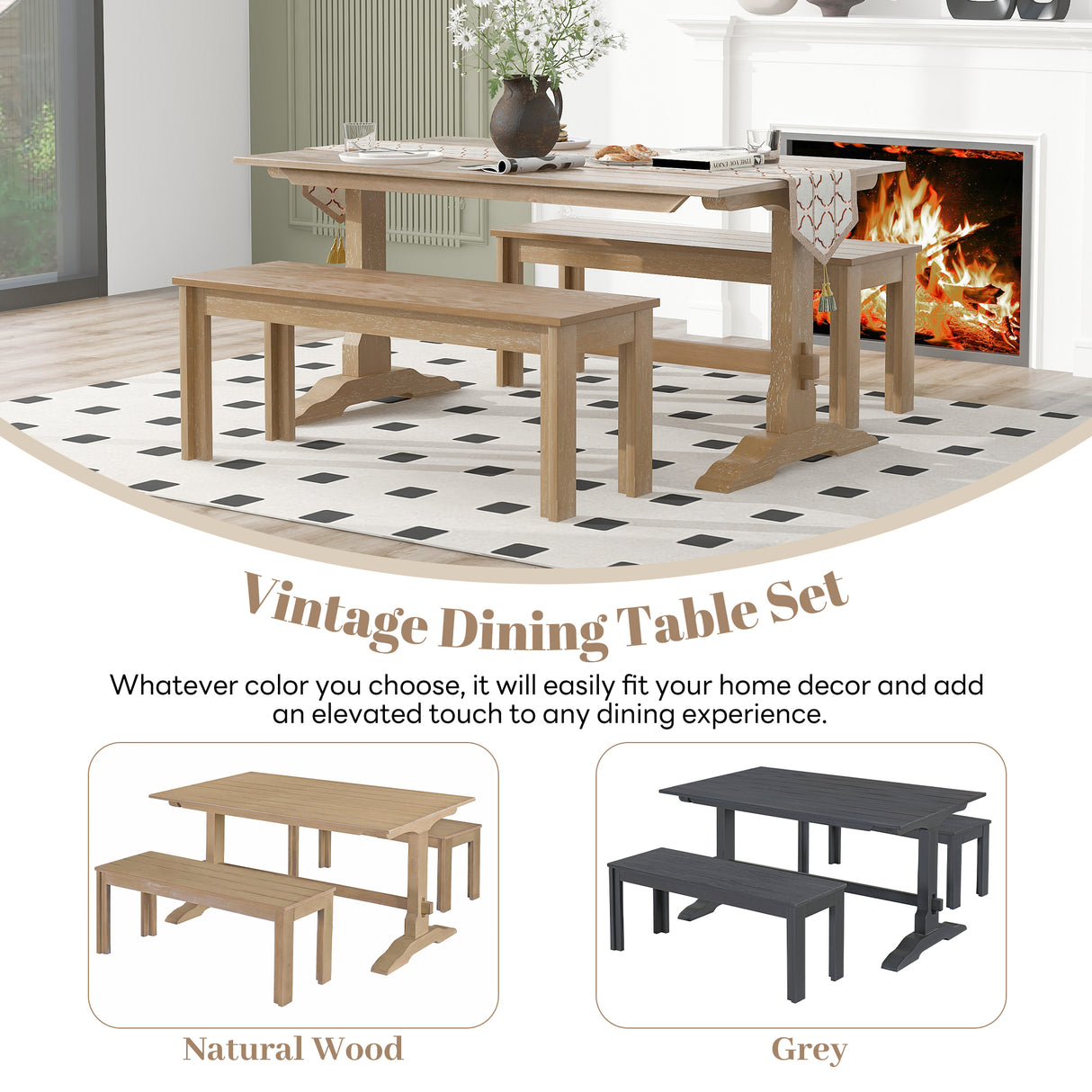 TREXM 3-piece retro dining table, rectangular stand table, and 2 4-person wooden stools (made of natural wood) - V.I.P Digital Presence