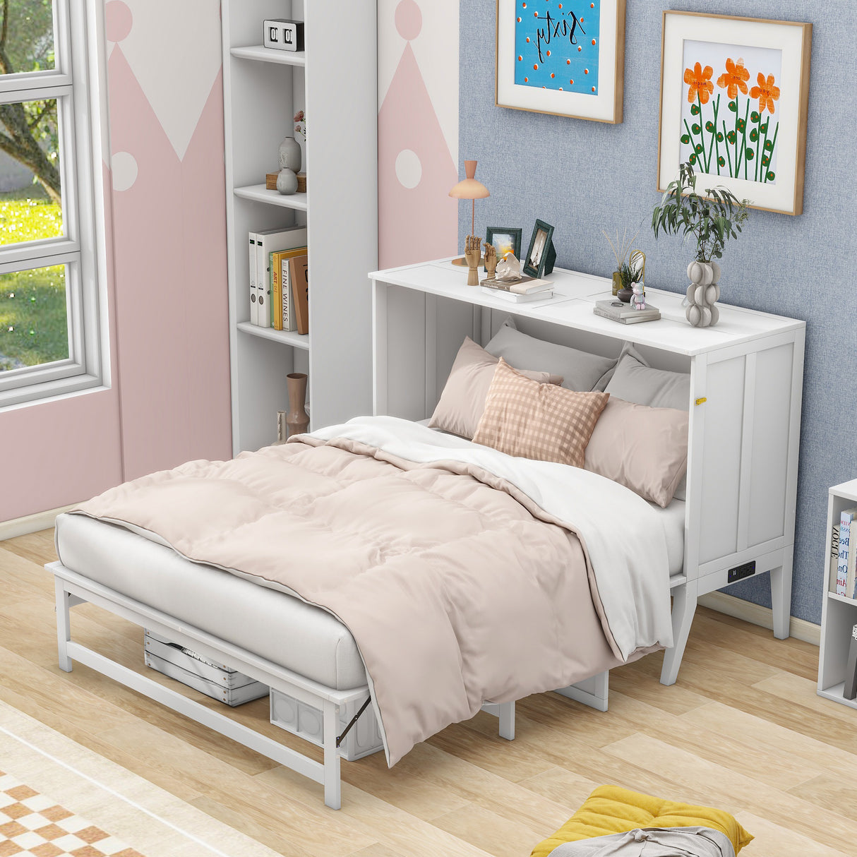Queen Size Murphy Bed with Built-In Charging Station and a Shelf White