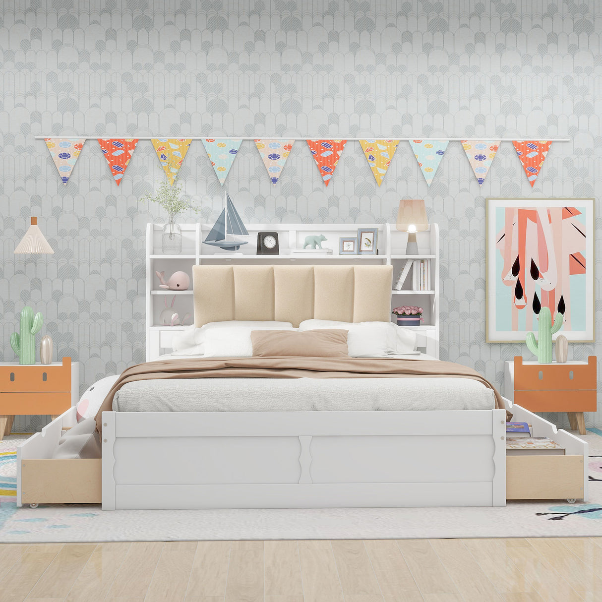 Wood Queen Size Platform Bed with Storage Headboard Shelves and 4 Drawers White