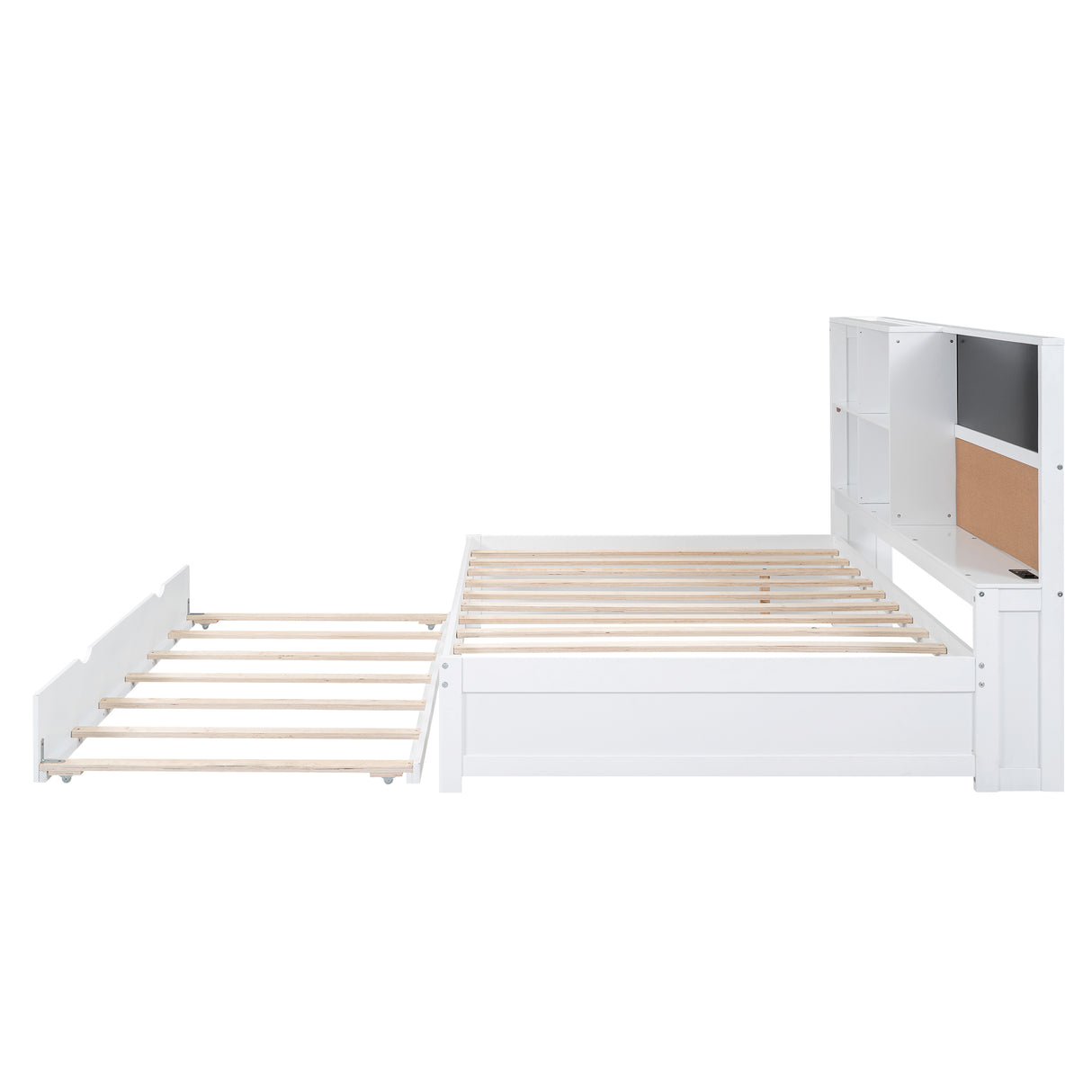 Full Size Daybed with Storage Shelves, Blackboard, Cork board, USB Ports and Twin Size Trundle White