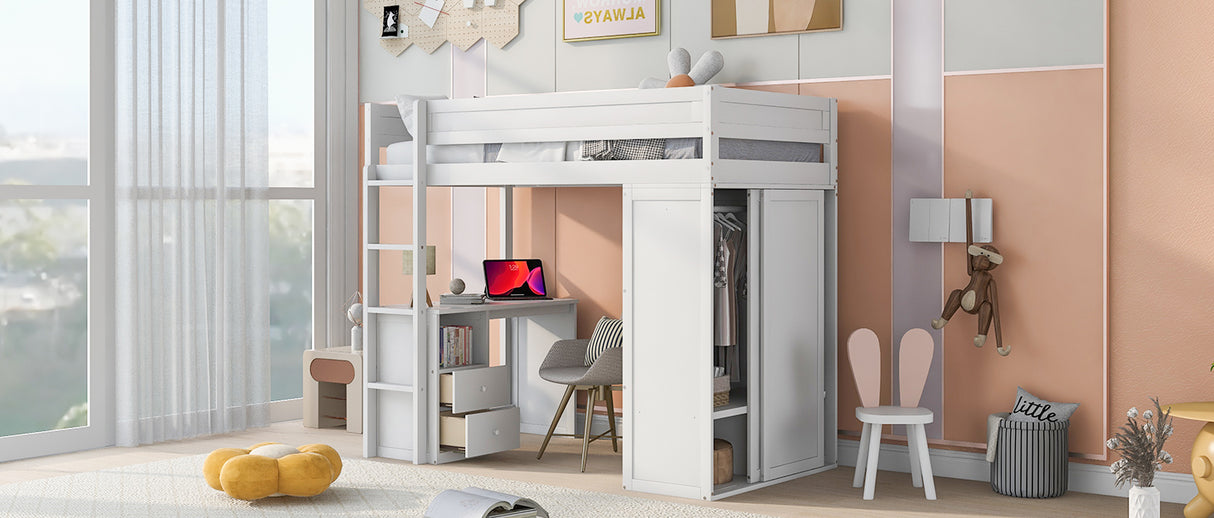 Wood Twin Size Loft Bed with Wardrobes and 2-Drawer Desk with Cabinet White
