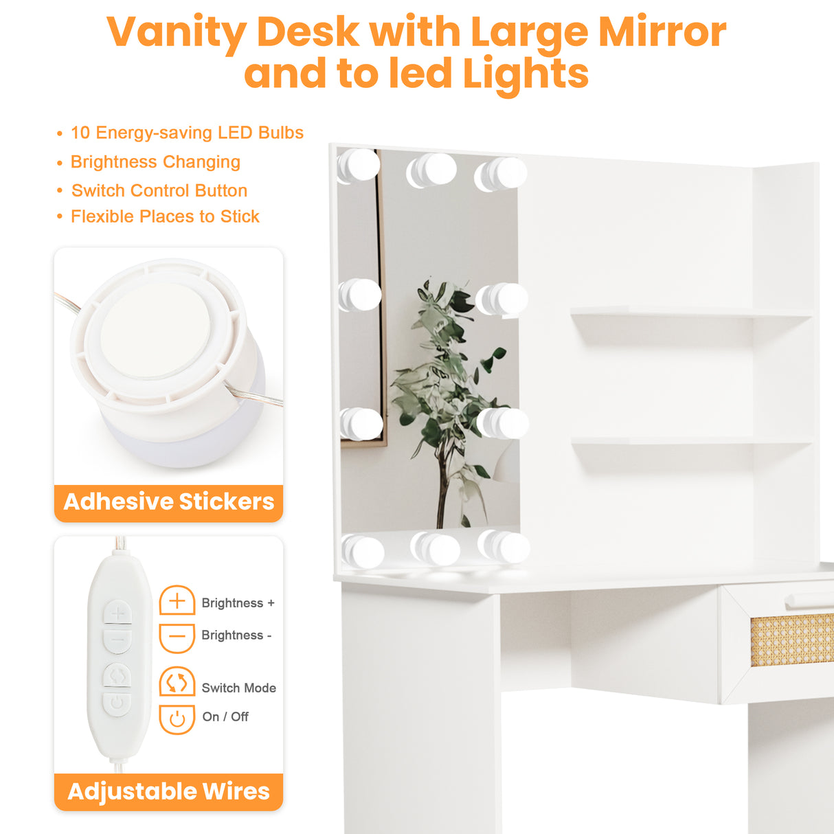 Vanity Desk Set Stool & Dressing Table with LED Lighting Mirror Drawer and Wood Cosmetic Table Chest of Drawers White Color - V.I.P Digital Presence