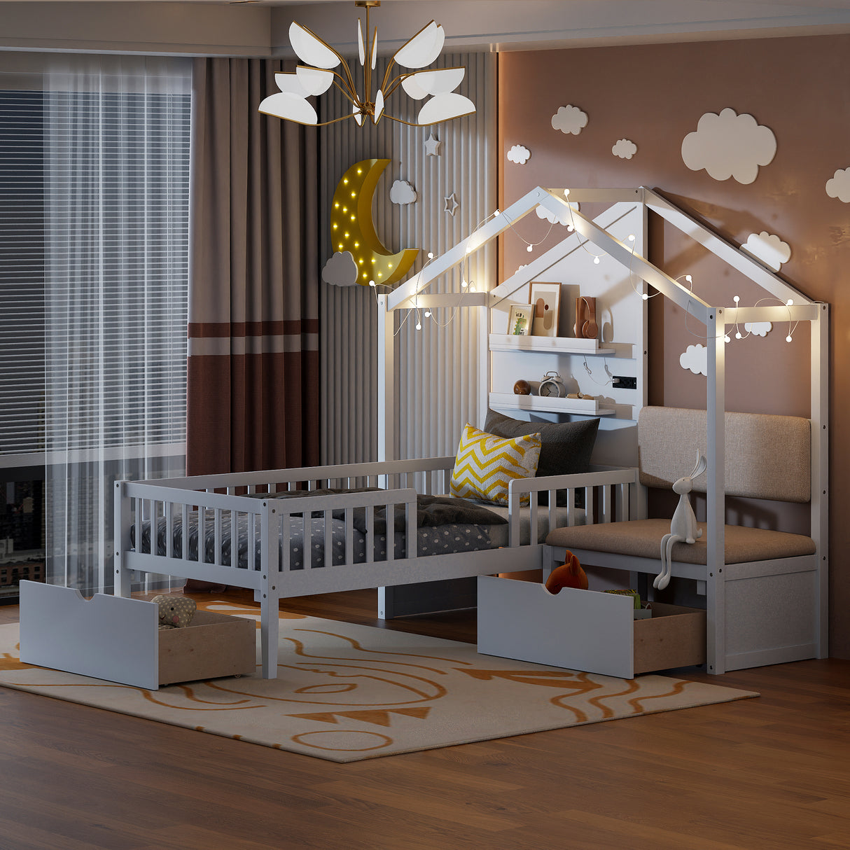 Twin Size House Bed with Upholstered Sofa, House Bed with Charging Station, Wireless Charging, Shelves and Two Drawers, White - V.I.P Digital Presence