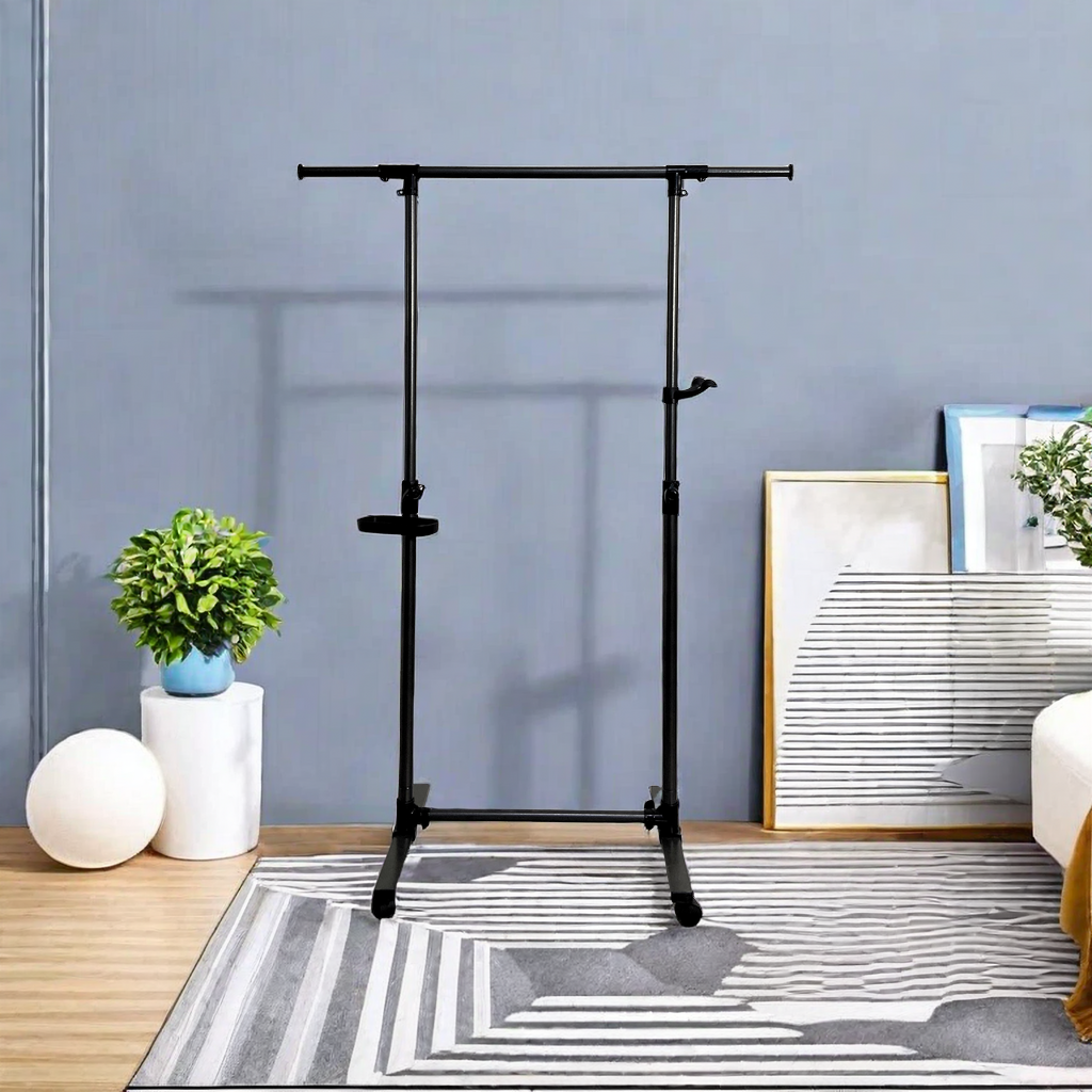 Short clothes hanger with chassis and wheels, heavy-duty rolling clothes hanger, black - V.I.P Digital Presence