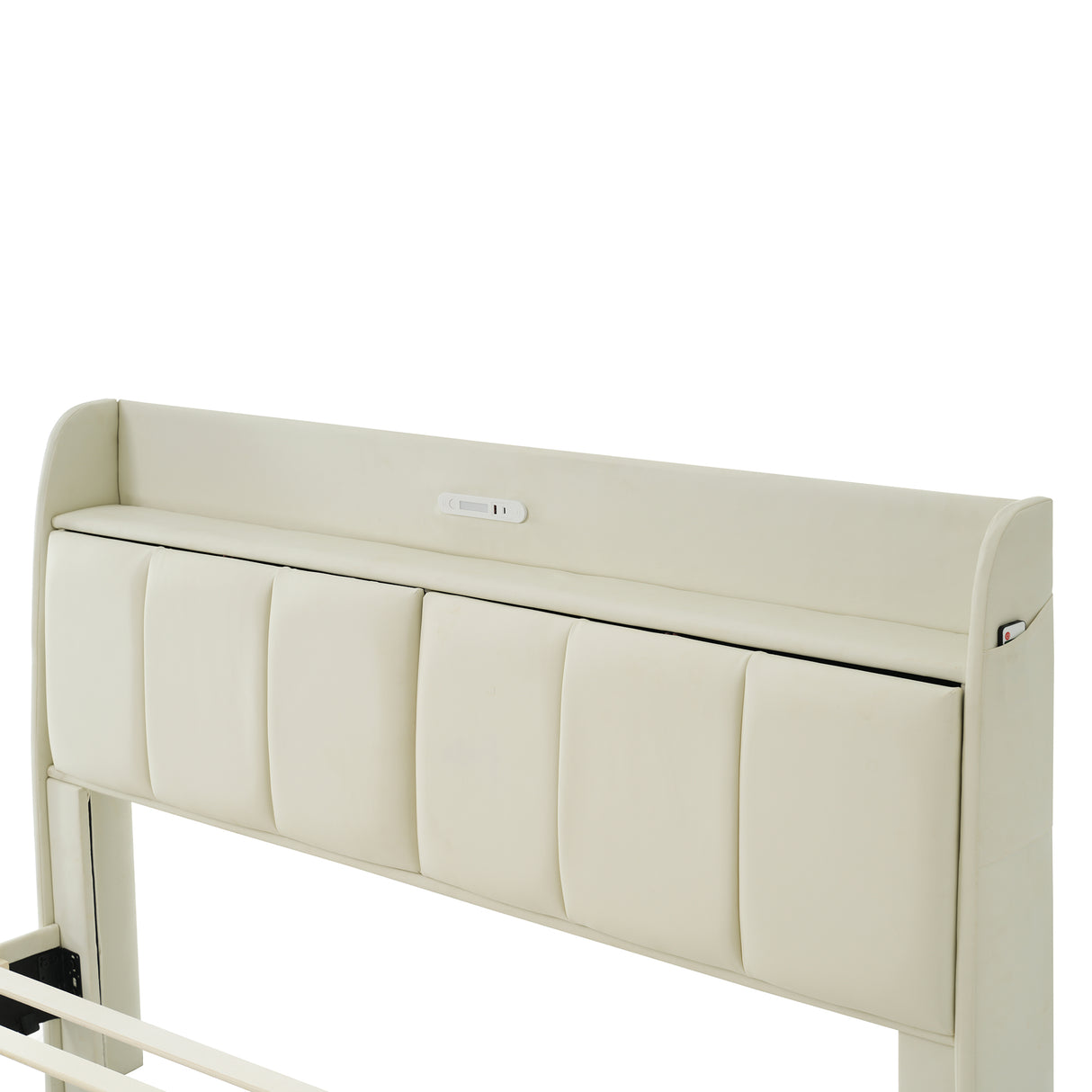 Large floating bed frame with storage headboard, touch sensor, night light and USB charger, padded platform bed, beige color - V.I.P Digital Presence