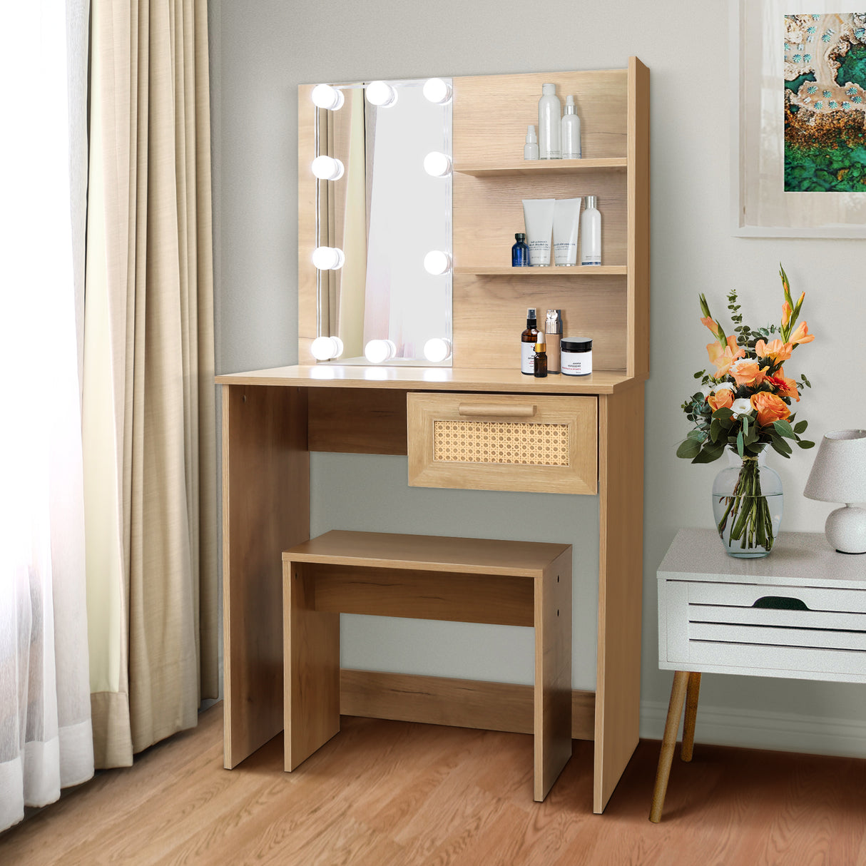 Vanity Desk Set Stool & Dressing Table with LED Lighting Mirror Drawer and Wood Cosmetic Table Chest of Drawers Nature Color - V.I.P Digital Presence