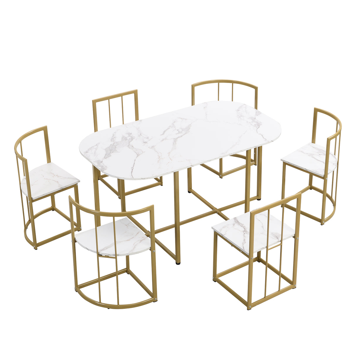 TOPMAX Modern 7-Piece Dining Table Set with Faux Marble Compact 55Inch Kitchen Table Set for 6 Golden+White