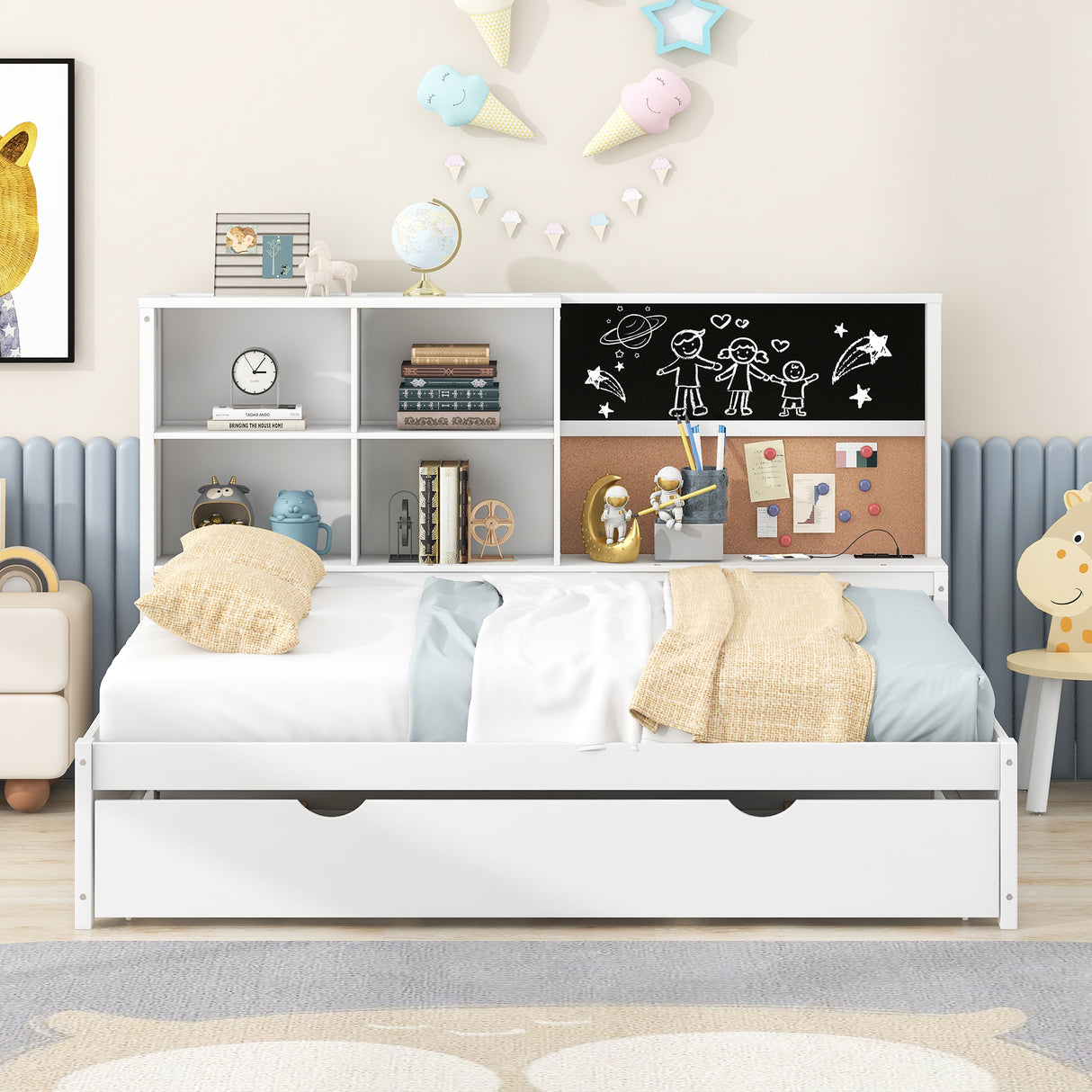 Full Size Daybed with Storage Shelves, Blackboard, Cork board, USB Ports and Twin Size Trundle White