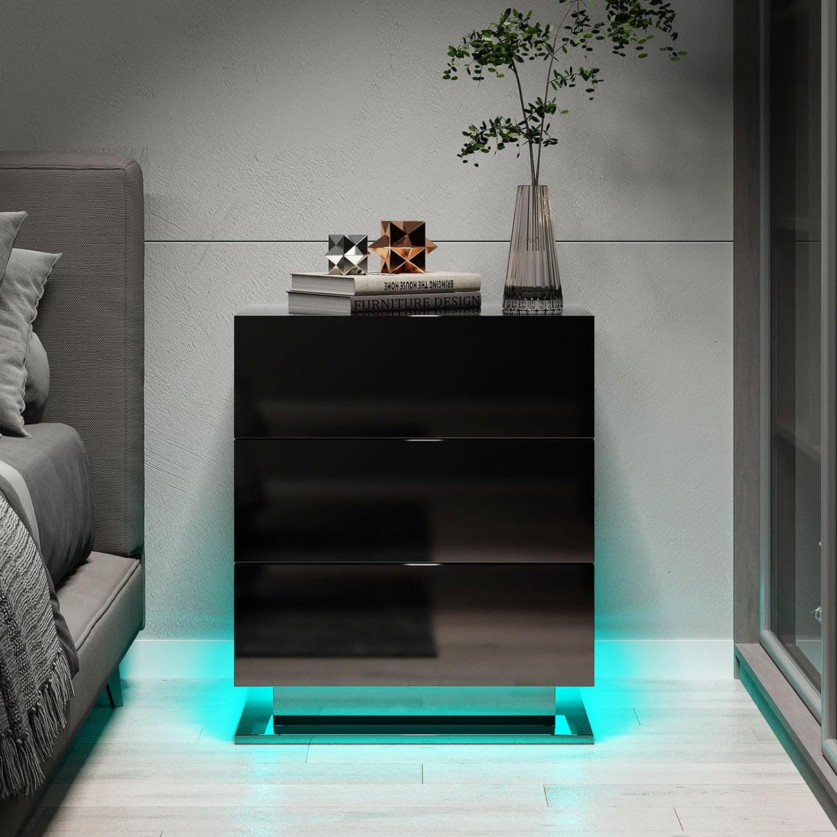 Nightstand with 3 Storage Drawers,Led Lights, End Table for Bedroom Furniture - V.I.P Digital Presence