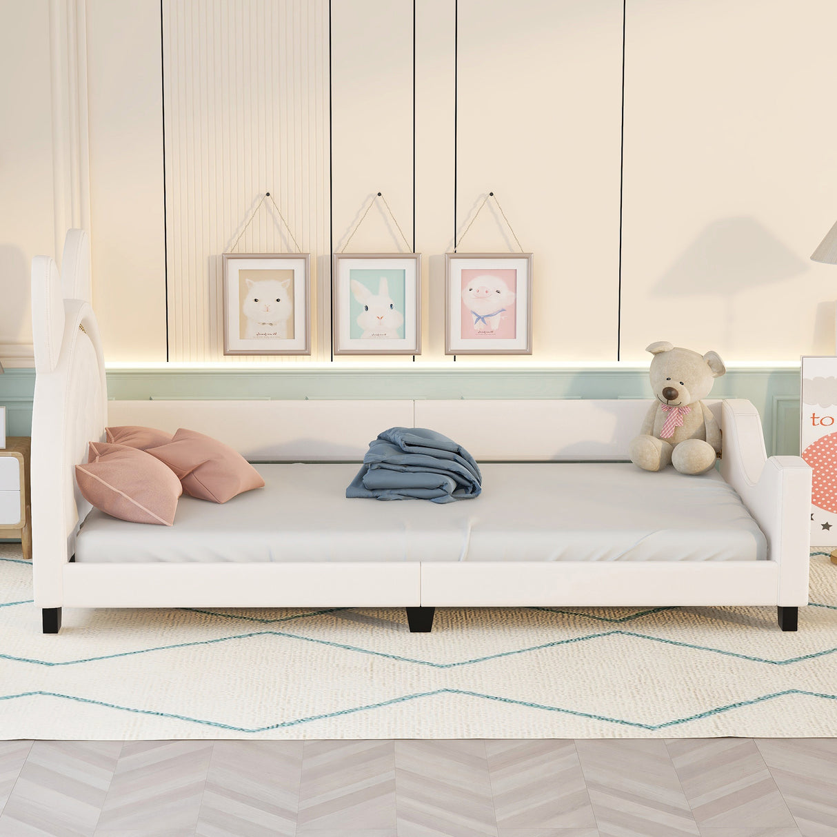 Twin Size Upholstered Daybed with Carton Ears Shaped Headboard White