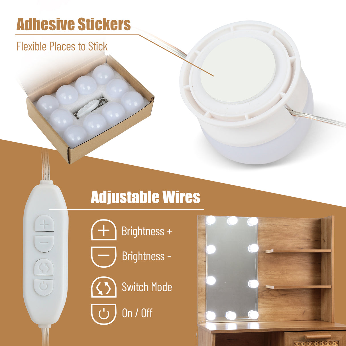 Vanity Desk Set Stool & Dressing Table with LED Lighting Mirror Drawer and Wood Cosmetic Table Chest of Drawers Nature Color - V.I.P Digital Presence