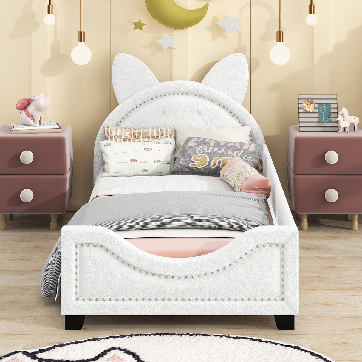 Teddy Fleece Twin Size Upholstered Daybed with Carton Ears Shaped Headboard White