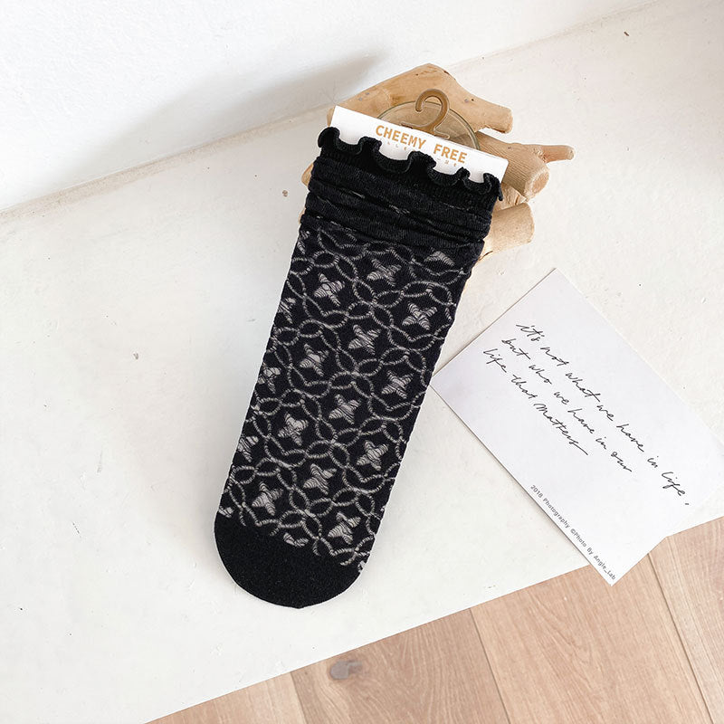 1 pair of socks for women summer thin black middle tube socks Japanese lace ballet style socks mesh breathable pile socks - V.I.P Digital Presence