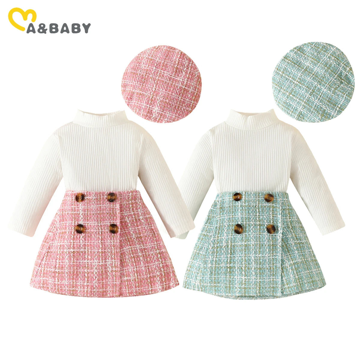 ma&baby 6M-3Y Toddler Infant Newborn Baby Girls Clothes Sets Knit Long Sleeve Tops Plaid Skrits Hat Fall Spring Outfits D05 - V.I.P Digital Presence