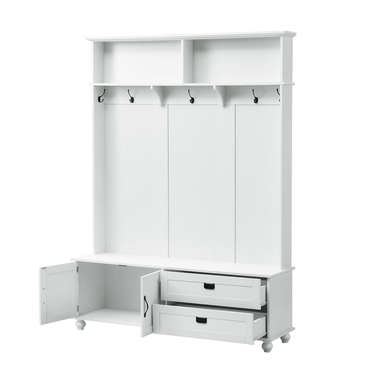 ON-TREND Modern Style Hall Tree with Storage Cabinet and 2 Large Drawers, Widen Mudroom Bench with 5 Coat Hooks, White - V.I.P Digital Presence