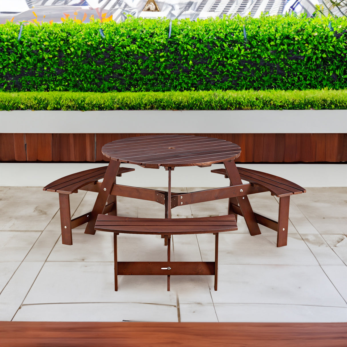 6-person circular picnic table with 3 built-in benches, umbrella holes, outdoor tables and chairs brown bench set - V.I.P Digital Presence