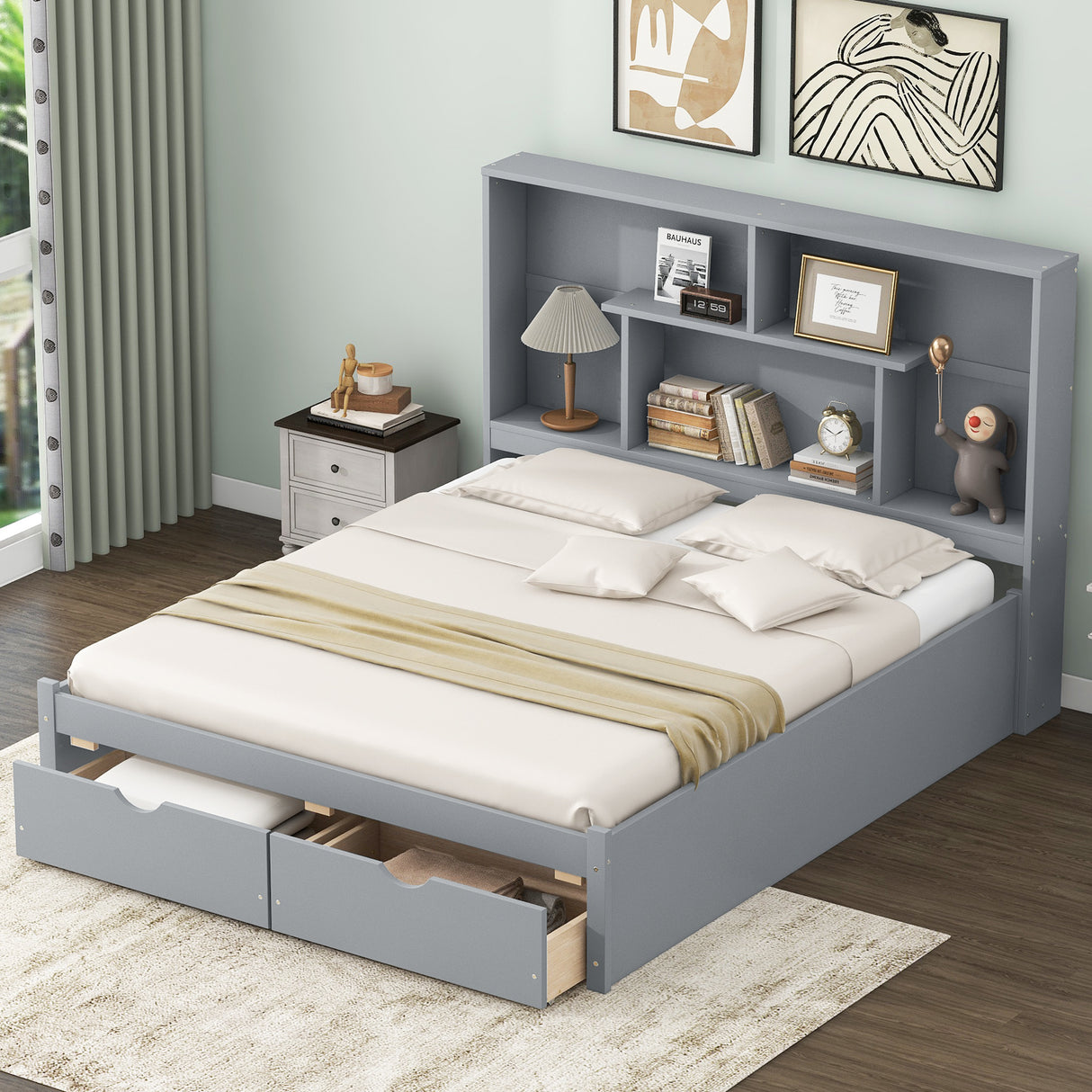 Queen Size Platform Bed with Storage Headboard and 2 Drawers, Gray - V.I.P Digital Presence