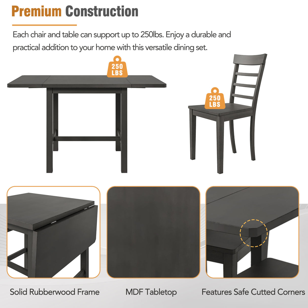 TOPMAX 5-piece square wooden pendant light expandable dining table set with 4 ladder back chairs Gray - V.I.P Digital Presence