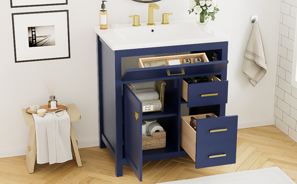 30-Inch Blue Bathroom Vanity with Ceramic Sink and Ample Storage - Ideal Choice for Small Bathrooms - V.I.P Digital Presence