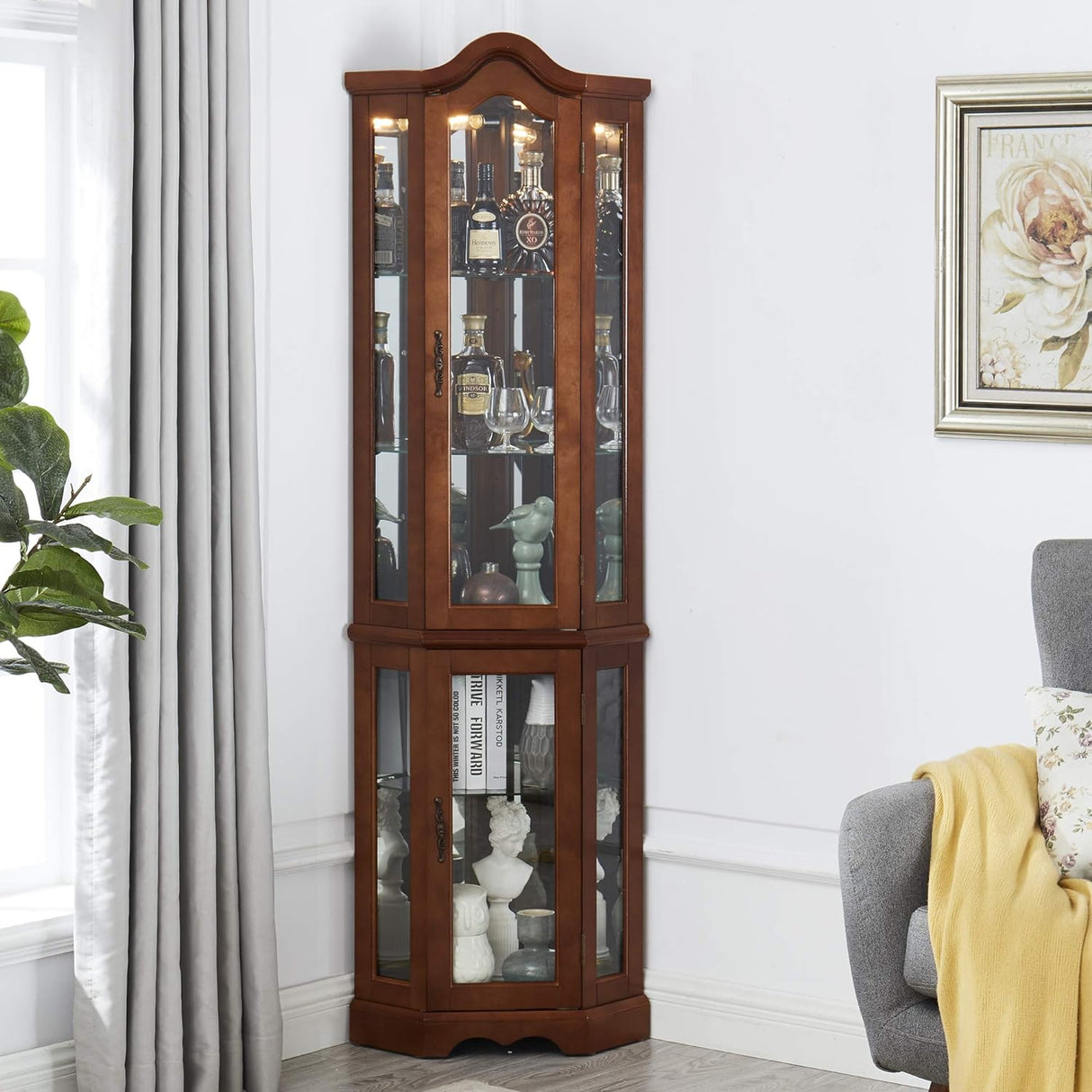 Corner Curio cabinet, adjustable tempered glass frame, rearview mirror, display cabinet, walnut wood (excluding E26 bulbs) - V.I.P Digital Presence