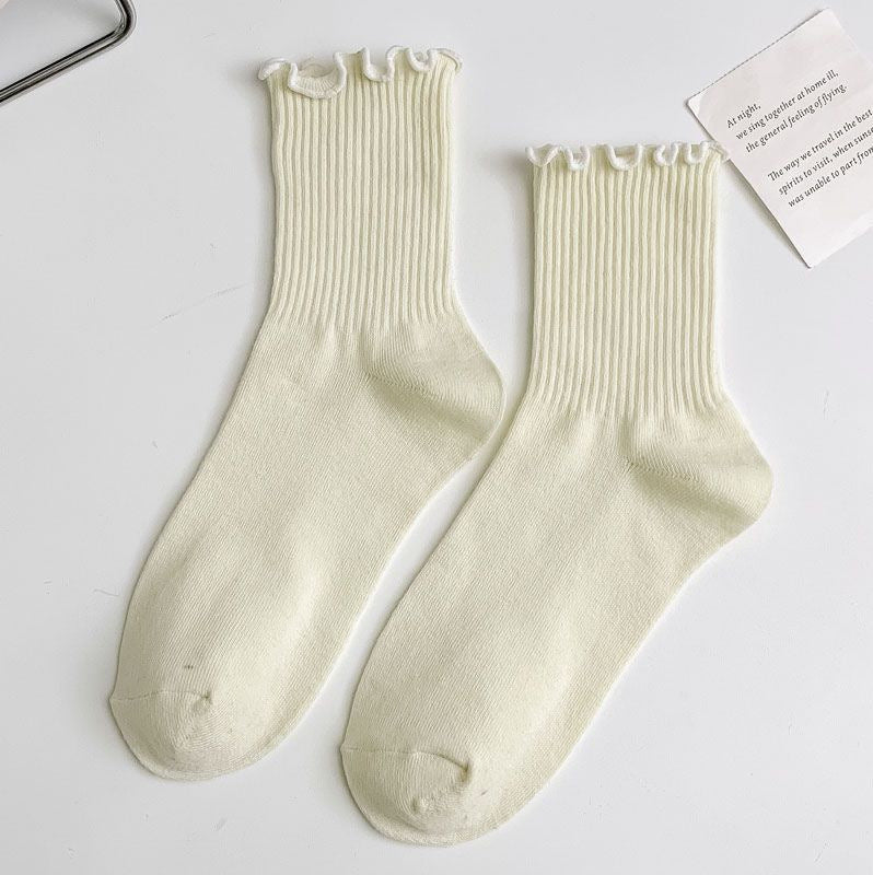 1 pair of ruffled JK socks for women mid-tube spring, autumn and summer solid color Japanese lace pile socks - V.I.P Digital Presence