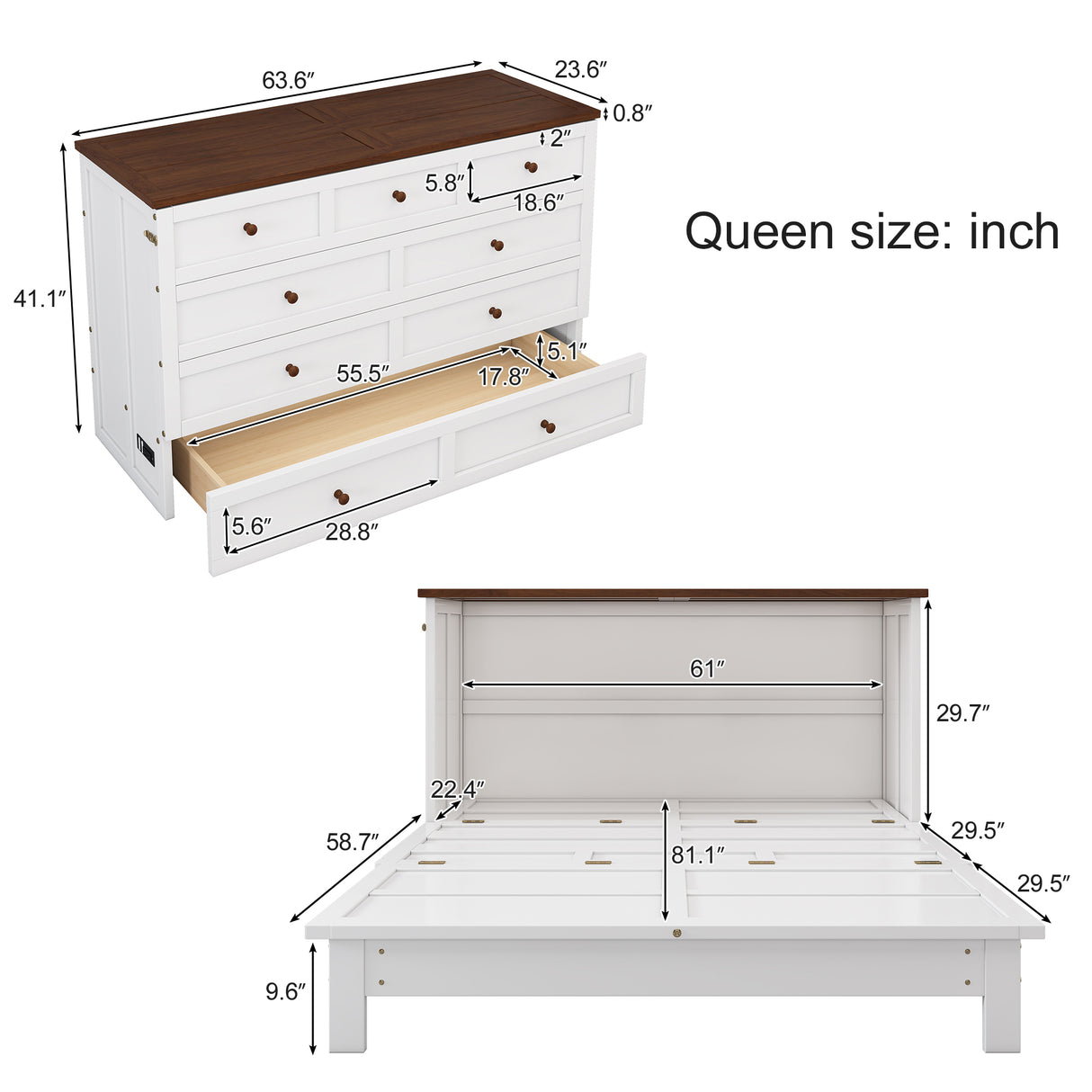 Solid Pine Murphy Bed Chest with Charging Station and Large Storage Drawer for Home Office or Small Room , Queen, White+Walnut - V.I.P Digital Presence