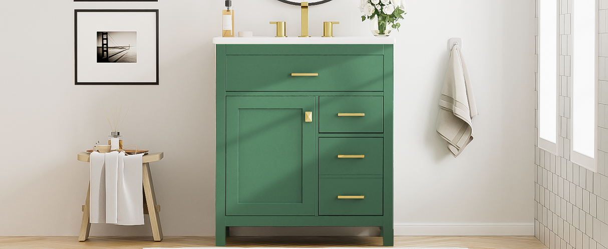 30-Inch Green Bathroom Vanity with Ceramic Sink and Ample Storage - Ideal Choice for Small Bathrooms - V.I.P Digital Presence