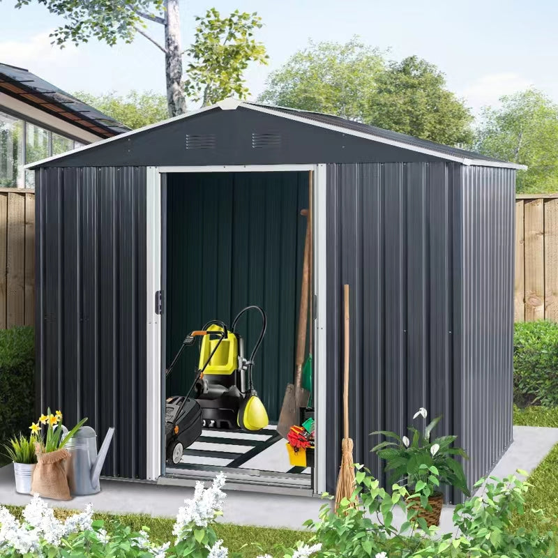 8ft x 6ft Outdoor Metal Storage Shed with Floor Base Black - V.I.P Digital Presence