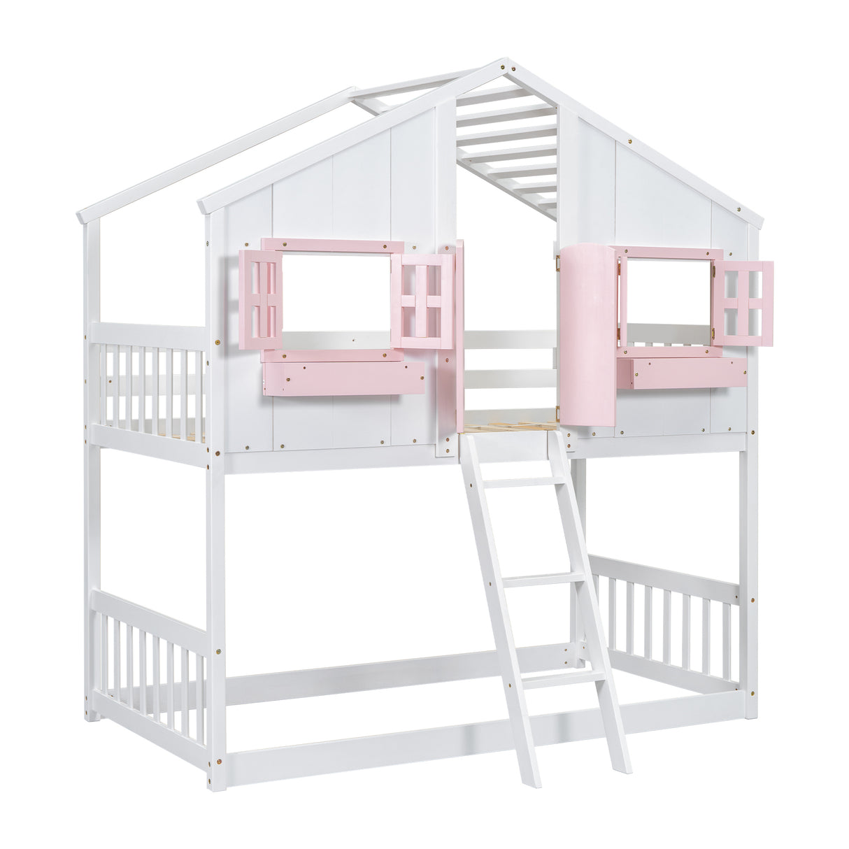 Twin over Twin House Bunk Bed with Roof , Window, Window Box, Door , with Safety Guardrails and Ladder, Pink/White - V.I.P Digital Presence