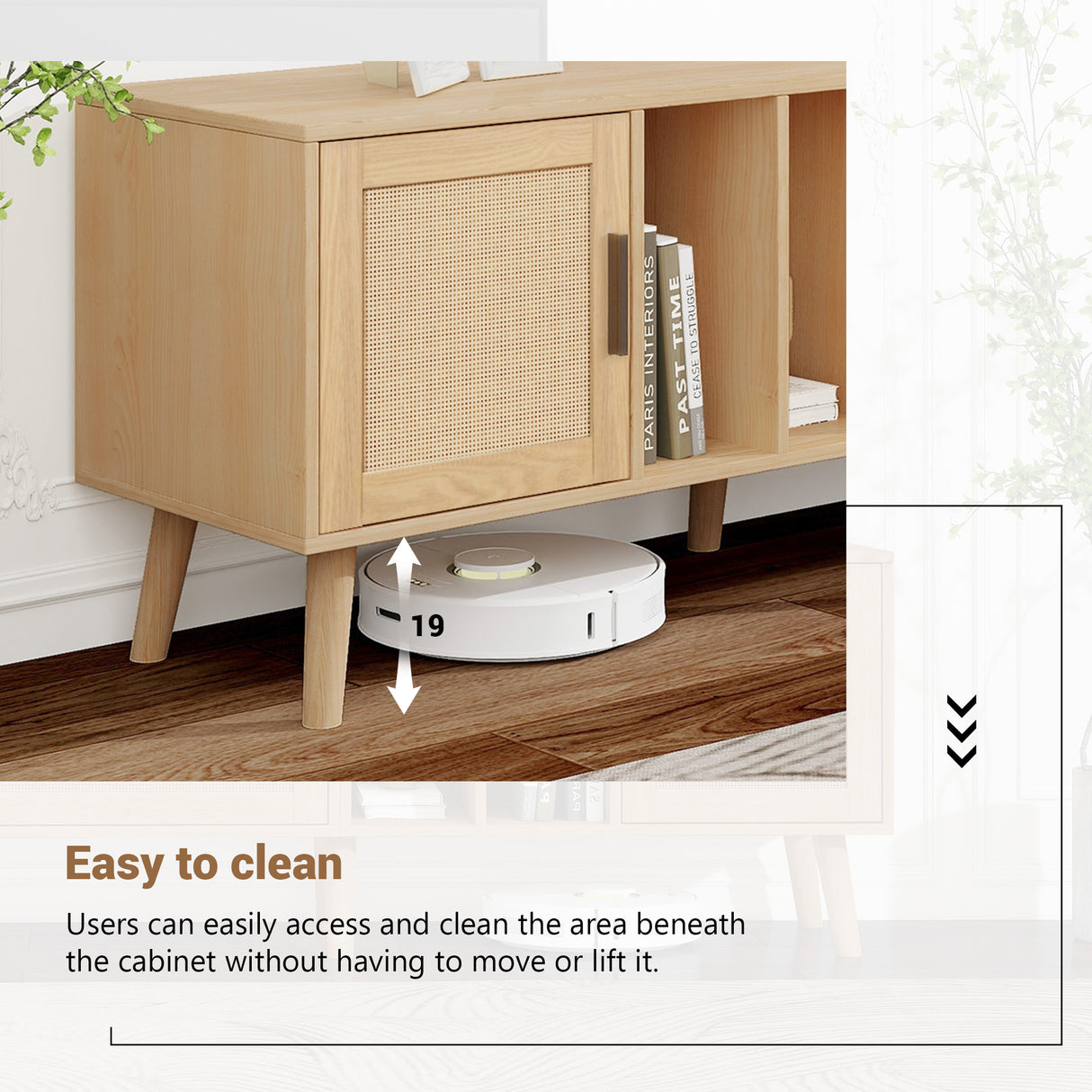 Vine TV stand with 2 cabinets and 2 open shelves, suitable for TVs under 80 inches, with solid wood legs for TV cabinets - V.I.P Digital Presence