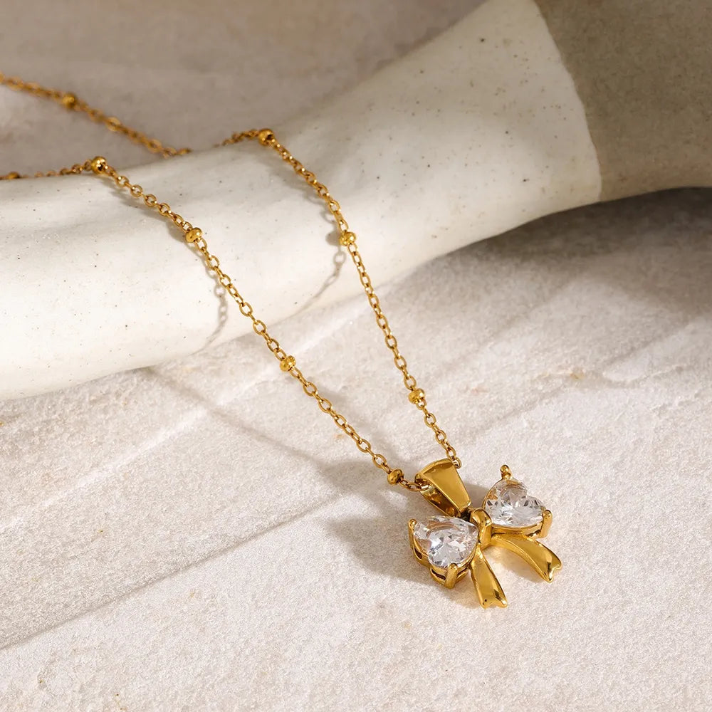 Stainless Steel Inlaid Zircon Bow Necklace - V.I.P Digital Presence