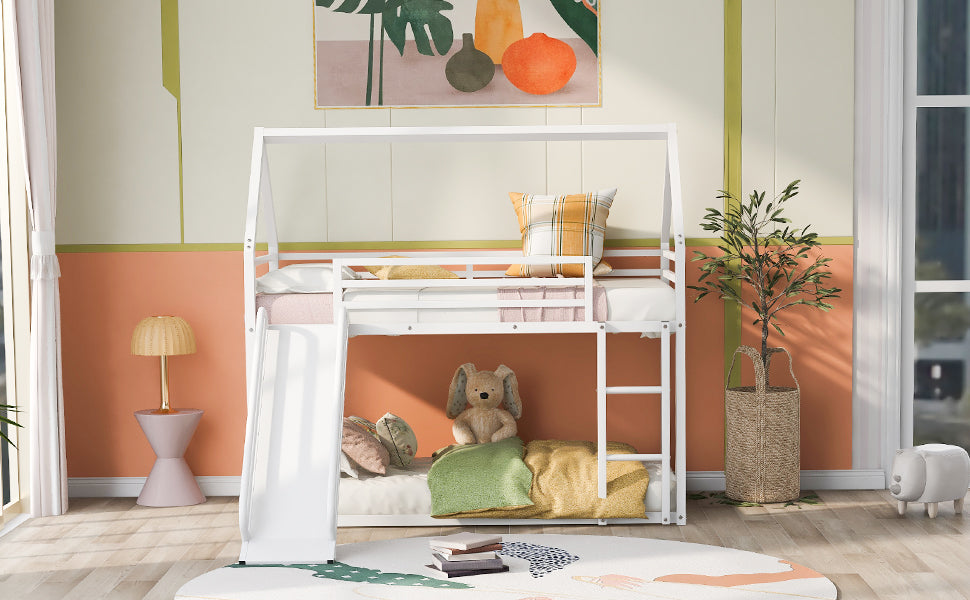 Twin over Twin House Bunk Bed with Ladder and Slide,White - V.I.P Digital Presence